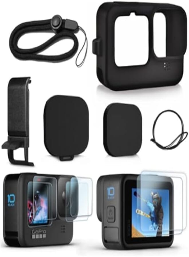 GQ Black Silicone Sleeve Case for GoPro Hero 12/11/10/9, Battery Side Cover, Screen Protectors, Lens Caps, Lanyard - Camera Protection, Charging while Recording